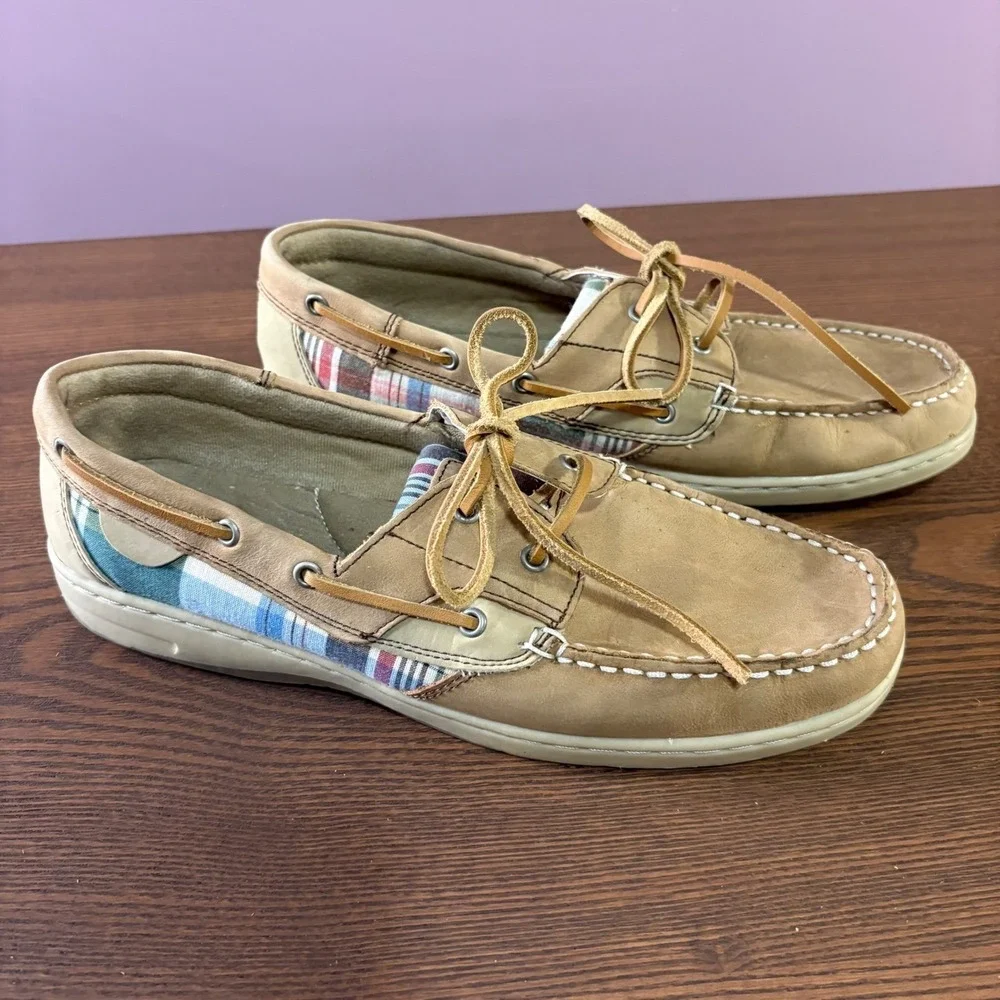 Maui Island Boat Shoes Mens 11W Tan Plaid Good Leather Resort Loafers